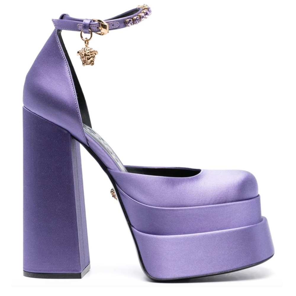Versace Medusa Aevitas Orchid Purple Satin Crystal Runway Platform Pumps